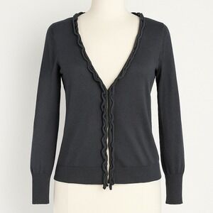 Loft Whimsigoth Linen Snap Button Cardigan Sz M Black Ruffle Indie Fairy Grunge